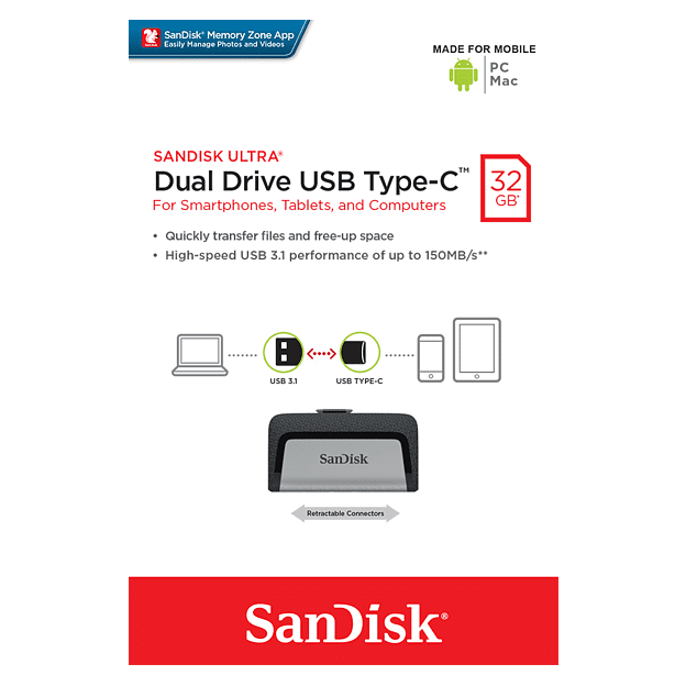 Sandisk Ultra Clé Usb Type-C 32Gb Usb 3.1 Dual Drive 150Mb/s OTG